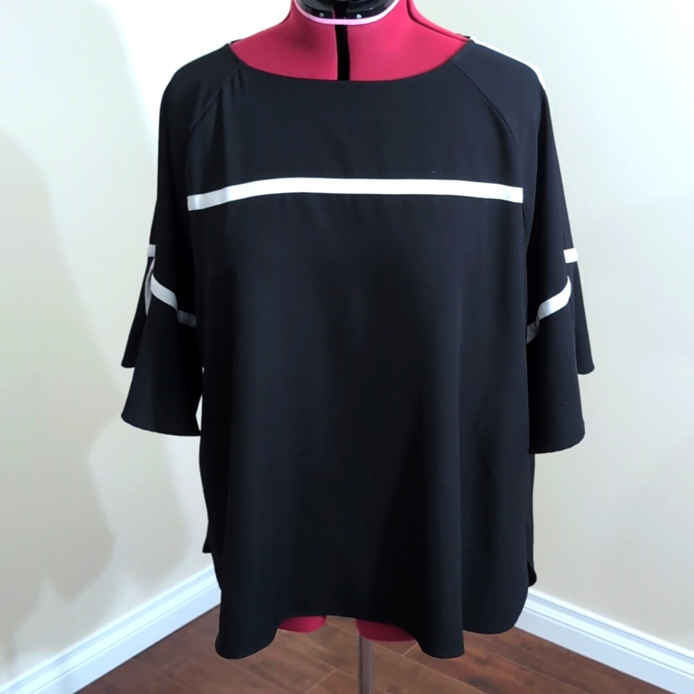 Calvin Klein| Black and White Blouse With Bell Sleeves Polyester Spandex Blend